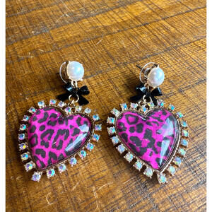Betsey Johnson Pink Leopard Heart Statement Earrings Crystal Bow Pearl Post